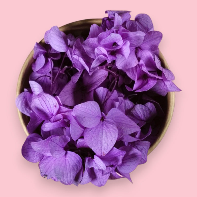 Zoi&co's vibrant Amethyst Bliss preserved hydrangea bits in a tub