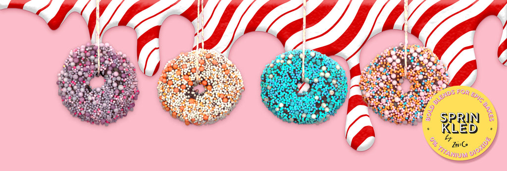 Donuts covered in SPRINKLED sprinkles, hanging by strings, SPRINKLED logo to the right