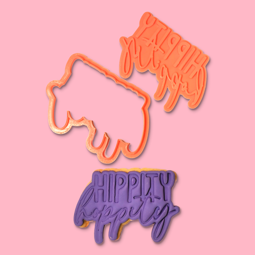 Hippity Hoppity - Easter Cookie, Stamp & Cutter on pink background