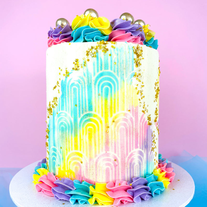 colorful cake with the royal arches cake stencil zoiandco
