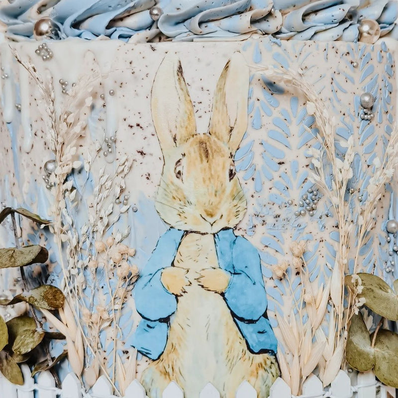 nude & blue cake with a rabbit showing the big florence cake stencil - close up - zoiandco  