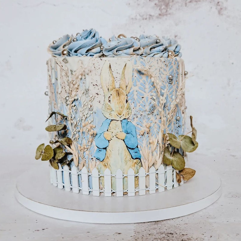 nude & blue cake with a rabbit showing the big florence cake stencil - zoiandco