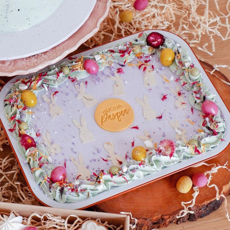 easter sheet cake with bunny stencil zoiandco